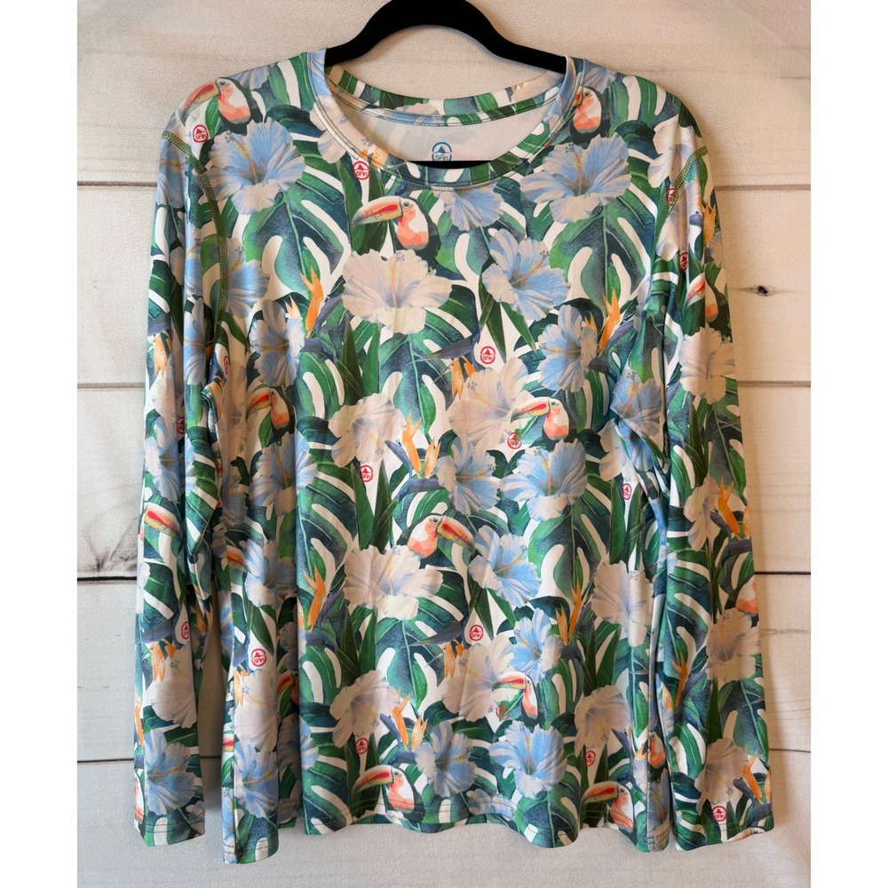 5Fin Womens Tropical Toucan Hibiscus Long Sleeve Sun Shirt Floral Green Blue L